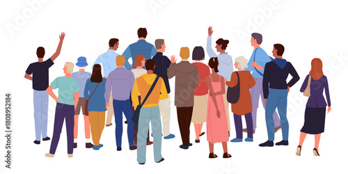 Back view of multicultural crowd gathering in casual and formal clothing, various ages and genders, social interaction, community unity, communication, isolated vector illustration