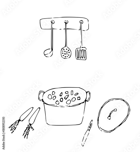 Wholesome soup illustration, cooking utensils and fresh carrots ready to simmer, evokes rustic charm for culinary projects and kitchen decor inspiration