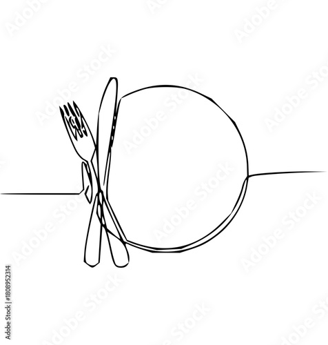Stylish minimalist one-line drawing of place setting with plate, fork, and knife, perfect for restaurant menus and food blogs, modern and elegant
