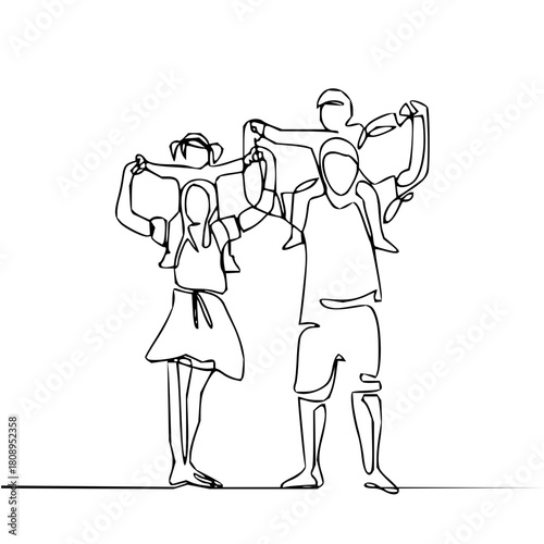 Heartwarming continuous line art of family with children on shoulders radiating love and unity, a symbol of togetherness and joyful connection