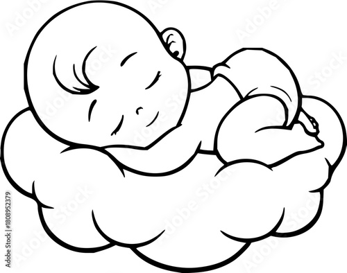 Sweet dreams little one: A sleeping baby peacefully resting on a fluffy cloud in a delightful vector illustration. Perfect for baby products and nursery decor!