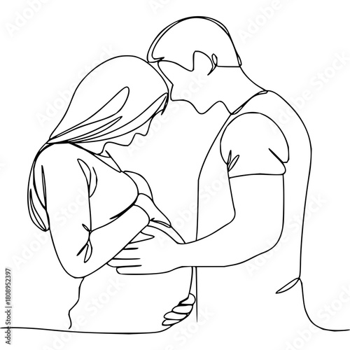Touching one-line art of expecting parents lovingly embracing the pregnant belly, a symbol of family love, anticipation, and the miracle of new life