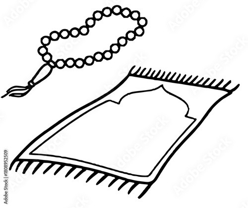 Elegant black and white drawing of Muslim prayer beads and rug, symbolizing faith, spirituality, and devotion perfect for religious and cultural projects