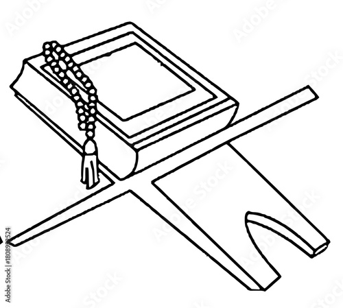 Elegant line art illustration of the Quran on a stand with prayer beads, perfect for Ramadan, Eid, and Islamic themes, originally a scalable vector graphic