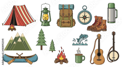 Vibrant Collection of Outdoor Adventure and Camping Gear Illustrations Essential Equipment for Wilderness Exploration and Nature Activities