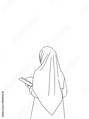 Serene Muslim woman engrossed in reading a book, a minimalist line art illustration showcasing quiet reflection and intellectual pursuit, perfect for Ramadan themes