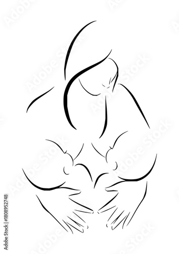 Elegant minimalist line art of mother breastfeeding twins, conveying warmth, connection, and love, ideal for parenting blogs, lactation consultants, and baby product ads