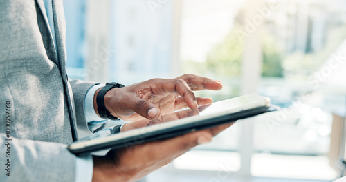 Bilde på lerret Employee, planning and hands with tablet in office, accountant or scroll for tax preparation or info