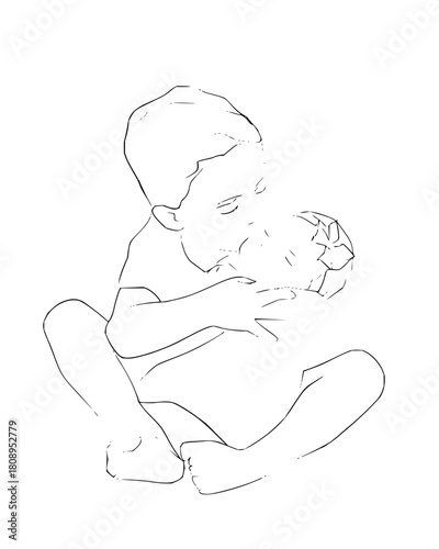 Heartwarming monochrome line drawing of a young child lovingly embracing a soccer ball, perfect for illustrating childhood innocence and sports passion, vector origin