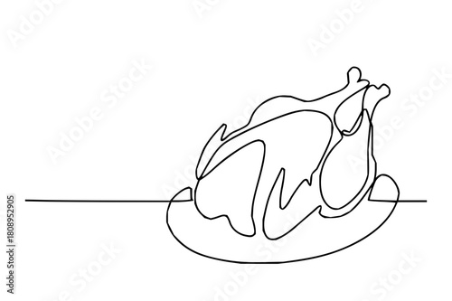 Elegant one-line drawing of a roasted turkey, perfect for Thanksgiving menus and holiday designs; celebrate with this minimalist food illustration, ready for print