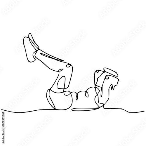 Dynamic continuous line art of a person doing sit ups, fitness training, workout routine, vector illustration for minimalistic design and wellness projects