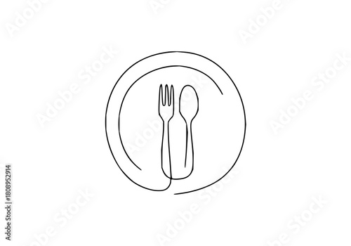 Elegant minimalist one-line drawing of a plate with fork and spoon, perfect for restaurant branding, food blogs, or modern culinary designs with simple sophistication