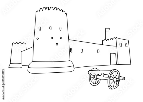 Imposing fortress with cannon, a historical line art drawing ready for creative coloring projects and educational materials about medieval times and architecture