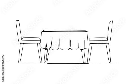Elegant continuous line art of dining table and chairs for minimalist design, refined simplicity and modern aesthetic appeal, originally a scalable vector graphic