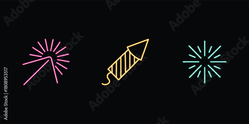 Set of yellow firework icons and elements in a line art style