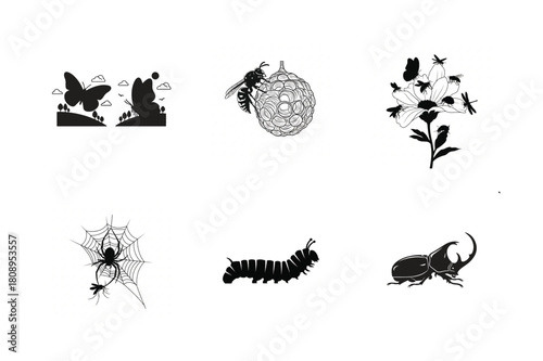 set of black silhouettes of insects