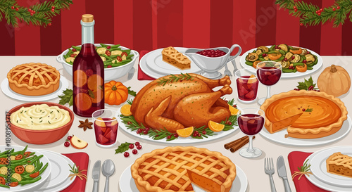 Thanksgiving Feast A Festive Table with Turkey, Pies, and Holiday Delights for the Celebration