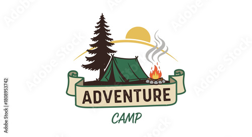 Emblematic design for an outdoor adventure camp featuring a green tent, blazing campfire, and tall pine tree under a golden sun on a banner