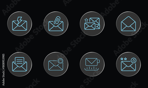 Email communication icon set: notification, attachment, message, search