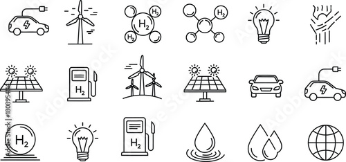 Collection of eco friendly energy and transportation line icons