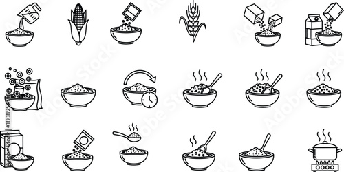 Simple line art illustration of cooking and food preparation steps