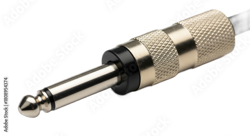 Audio jack connector for musical instruments and sound equipment with metallic finish and knurled grip isolated on transparent background