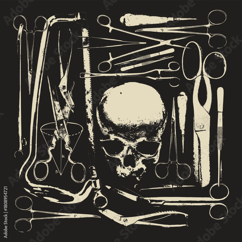 Vector banner with surgical instruments and human skull on the topics of anatomy, surgery, medicine, horror and thriller.  Vintage background with medical sketches. No ai