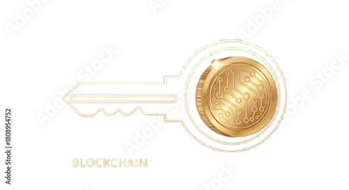 Golden key with blockchain symbol represents secure digital asset access and cryptocurrency safety