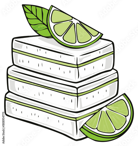 Stack of white rectangles with green trim topped with lime slices and mint leaves