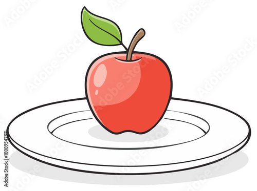 Stylized Red Apple with Green Leaf on a White Plate Food Nutrition Illustration