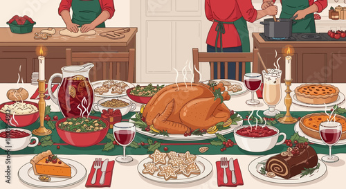 Thanksgiving Feast A Festive Illustration of a Holiday Gathering with Food and Family