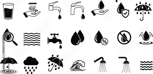 Water related icons and symbols in black and white collection