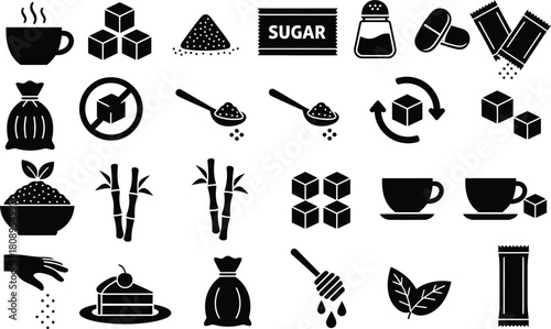 Sugar and sweetener icon set in black and white style