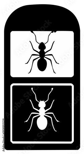Ant insect pest control vector icon with black and white positive and negative silhouette design