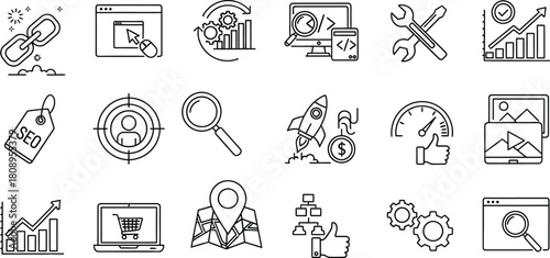 Collection of website and business development icons in black and white