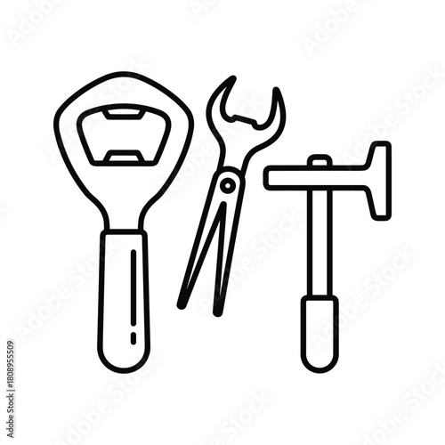 Collection of hand tools including a bottle opener, wrench, and hammer, isolated on