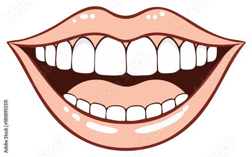 Cartoon mouth with open lips and teeth for dental care and health concept.
