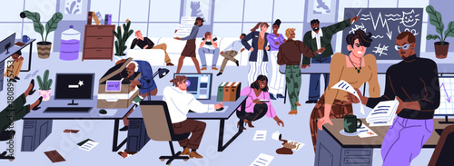 Chaos and mess in office. Lazy workers sleep on workplaces. Colleagues have conflict, troubles with communication. Chaotic organization of work, teamwork problems, disorder. Flat vector illustration