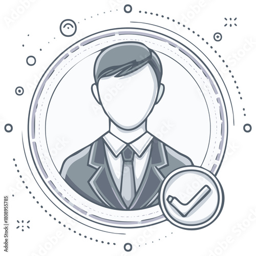 Abstract Businessman with Approval Checkmark Icon and Circular Dotted Orbits