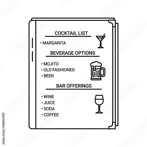 Cocktail list and bar menu with various beverage options, isolated on