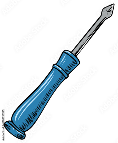 Stylized cartoon drawing of a blue handled awl tool with a pointed metal tip