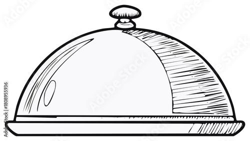 Hand drawn restaurant serving cloche on a platter black and white sketch style illustration