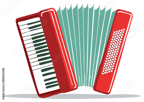 Illustration of a bright red accordion with white keyboard and teal bellows.