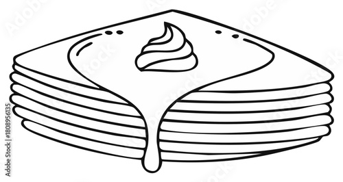 Black and white line art illustration of a stack of pancakes with dripping syrup and cream.