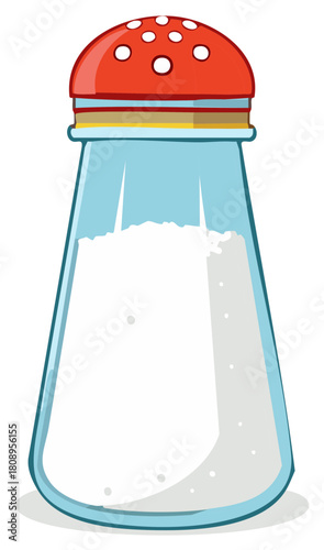 Cartoon salt shaker illustration with red top and white salt inside. Vector