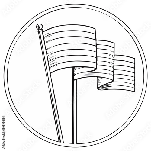 Three striped flags on poles waving in motion within a circular emblem black and white line art illustration