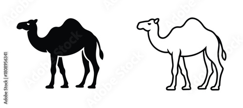 Camel line icon with editable stroke and silhouette