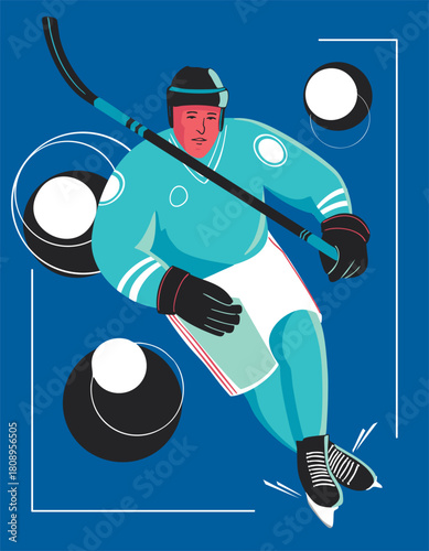 An ice hockey player in uniform is standing with a stick and a puck. Vector illustration.