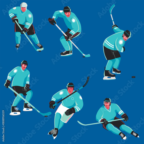 A set of illustrations of hockey players in different positions before hitting the puck with a stick. Vector illustration.