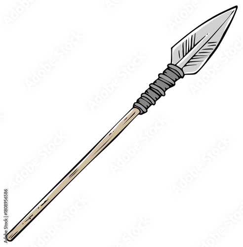 Cartoon style primitive spear weapon illustration with wooden shaft and sharp head